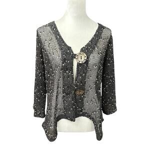 Boho Chic Knit Cardigan Jacket Nina Leonard Black Open Weave Modern Vintage S